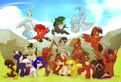 Size: 2000x1351 | Tagged: oc name needed, safe, artist:atryl, derpibooru import, oc, oc:ticket, unofficial characters only, alicorn, changeling, earth pony, pony, unicorn, bronycon 2013, armor, bipedal, clothes, flying, group, horn, image, png, scythe, sitting, smiling, socks, spread wings, standing, striped socks, sunglasses, wings