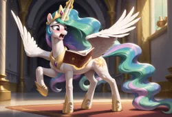 Size: 1216x832 | Tagged: prompter needed, safe, ai content, derpibooru import, machine learning generated, prompter:awesom3n3ss, princess celestia, alicorn, pony, blushing, book, canterlot castle, crown, derpibooru exclusive, g4, hallway, hoof shoes, horn, image, indoors, jewelry, levitation, magic, muscles, open mouth, png, raised leg, regalia, shocked, solo, spread wings, sternocleidomastoid, telekinesis, wings
