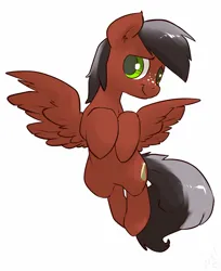 Size: 977x1200 | Tagged: oc name needed, safe, artist:atryl, derpibooru import, oc, unofficial characters only, pegasus, pony, flying, freckles, hooves to the chest, image, png, simple background, smiling, solo, white background