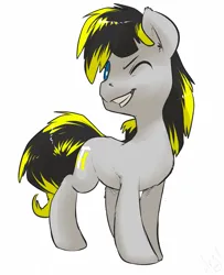 Size: 973x1200 | Tagged: oc name needed, safe, artist:atryl, derpibooru import, oc, unofficial characters only, earth pony, pony, gray coat, grin, image, looking at you, one eye closed, png, simple background, smiling, solo, turned head, white background, wink, winking at you