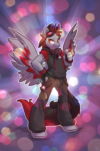 Size: 866x1300 | Tagged: safe, artist:atryl, derpibooru import, oc, unofficial characters only, anthro, pegasus, unguligrade anthro, clothes, colored feathertips, eyebrows, grin, hoodie, image, male, pants, png, raised eyebrow, respirator, smiling, solo, spread wings, thumbs up, wings