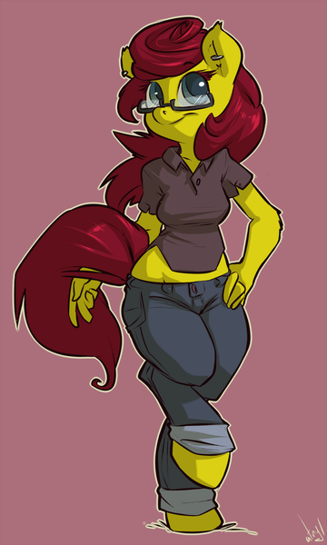 Size: 720x1200 | Tagged: safe, artist:atryl, derpibooru import, oc, oc:golden, unofficial characters only, anthro, earth pony, unguligrade anthro, anthro oc, clothes, denim, ear piercing, earring, female, glasses, hand on hip, image, jeans, jewelry, midriff, pants, piercing, png, polo shirt, simple background, solo