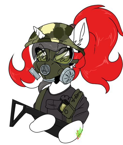 Size: 1464x1732 | Tagged: artist needed, safe, derpibooru import, oc, oc:red rocket, unofficial characters only, unicorn, adrian shephard, clothes, cosplay, costume, gas mask, gun, h.e.c.u., half-life, half-life: opposing force, helmet, horn, image, mask, png, ponytail, radio, shirt, weapon