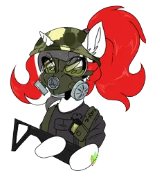Size: 1464x1732 | Tagged: artist needed, safe, derpibooru import, oc, oc:red rocket, unofficial characters only, unicorn, adrian shephard, clothes, cosplay, costume, gas mask, gun, h.e.c.u., half-life, half-life: opposing force, helmet, horn, image, mask, png, ponytail, radio, shirt, weapon