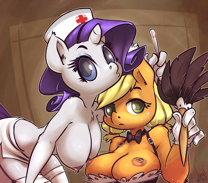 Size: 1200x1056 | Tagged: questionable, artist:atryl, derpibooru import, applejack, rarity, anthro, three's a crowd, big breasts, bowtie, breasts, busty applejack, busty rarity, cleavage, clothes, costume, duckface, duo, duo female, duster, female, fluffy, frown, g4, hanging breasts, helloooooo nurse, image, looking at you, maid, miniskirt, nipples, nudity, nurse, outline, partial nudity, pinup, png, pouting, saggy, shelf bra, skirt, socks, stockings, thermometer, thigh highs, topless, zettai ryouiki