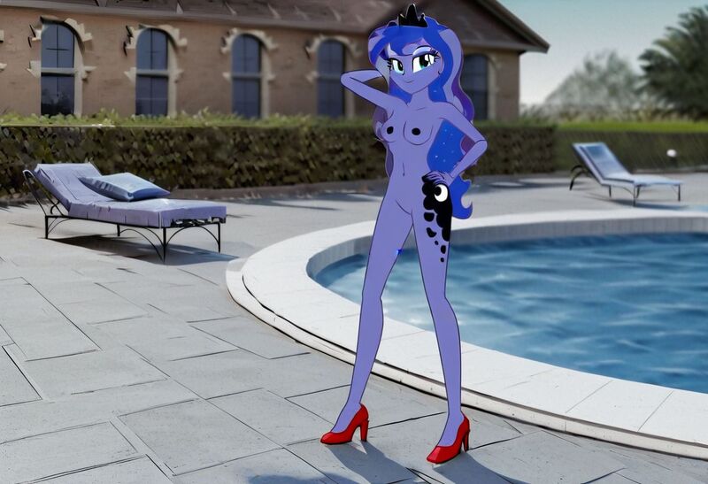 Size: 1216x832 | Tagged: questionable, ai content, machine learning generated, stable diffusion, princess luna, human, equestria girls, arm behind head, backyard, beach babe, beckoning, busty princess luna, exhibitionism, flirty, horny, image, inviting, jpeg, lawn chair, nudist vice principal luna, nudity, poolside, red high heels, seductive pose, sexy, smiling, solo, standing, sunbathing, swimming pool, vice principal luna