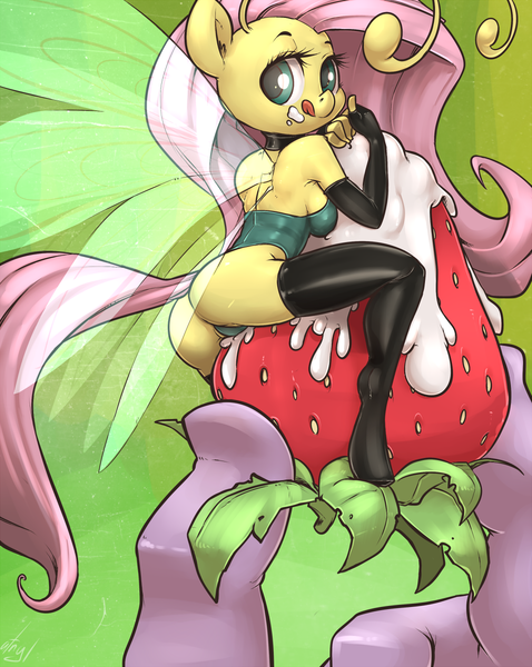 Size: 955x1200 | Tagged: questionable, artist:atryl, derpibooru import, fluttershy, spike, anthro, breezie, unguligrade anthro, :p, ass, bondage fairies, breasts, breeziefied, butt, clothes, collar, evening gloves, female, fingerless gloves, flutterbreez, food, foodplay, g4, gloves, image, in goliath's palm, latex, latex stockings, leotard, licking, licking lips, long gloves, looking at you, looking back, micro, png, sideboob, size difference, smiling, socks, species swap, stockings, strawberry, thigh highs, thong leotard, tongue out