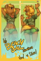 Size: 800x1200 | Tagged: suggestive, artist:atryl, derpibooru import, oc, oc:beach ball, unofficial characters only, anthro, unguligrade anthro, advertisement, ass, belly button, body pillow, body pillow design, breasts, butt, clothes, delicious flat chest, female, image, png, shorts, solo, solo female