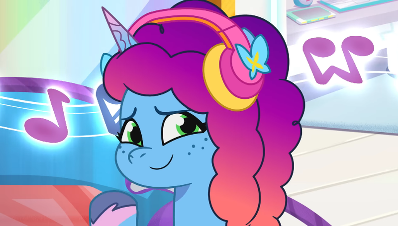 Size: 1266x720 | Tagged: safe, derpibooru import, screencap, pony, unicorn, g5, my little pony: tell your tale, spoiler:g5, spoiler:my little pony: tell your tale, spoiler:tyts01e65, crystal brighthouse, cute, female, gradient mane, gradient tail, headphones, horn, image, mare, misty brightdawn, misty moves in, music notes, png, rebirth misty, tail