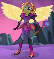 Size: 1000x1084 | Tagged: safe, artist:emeraldblast63, derpibooru import, sunset shimmer, human, equestria girls, artificial wings, augmented, boots, clothes, crystal heart, cute, g4, heart, high heel boots, image, magical girl, png, purple, shimmerbetes, shoes, solo, wand, wings