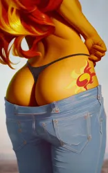 Size: 640x1024 | Tagged: suggestive, ai content, derpibooru import, editor:masterdarhil, machine learning generated, sunset shimmer, human, equestria girls, ass, bunset shimmer, butt, close-up, clothes, cutie mark on human, denim, g4, image, jpeg, long hair, panties, pants, photoshop, prompter:sammykun, rear view, recolor, solo, thong, underwear