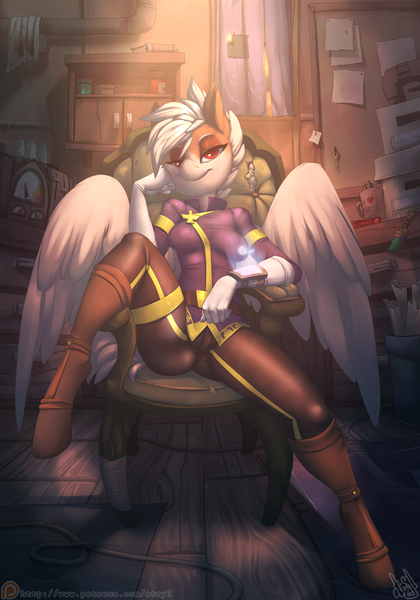 Size: 3500x5000 | Tagged: questionable, artist:atryl, derpibooru import, oc, oc:ruby rustfeather, unofficial characters only, anthro, pegasus, unguligrade anthro, absurd resolution, bedroom eyes, belt, boots, box, breasts, cabinet, cameltoe, chair, clothes, commission, cup, drawer, eyeshadow, female, gloves, hologram, image, indoors, looking at you, makeup, matter manipulator, pants, paper, pencil, pipe (plumbing), png, raised leg, screwdriver, shirt, shoes, sitting, smiling, smirk, solo, solo female, spread legs, spreading, starbound, technology, wings