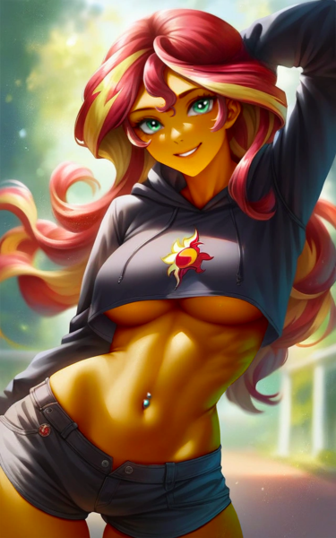Size: 640x1024 | Tagged: suggestive, ai content, derpibooru import, editor:masterdarhil, machine learning generated, sunset shimmer, equestria girls, arm behind head, belly button, belly piercing, breasts, busty sunset shimmer, clothes, curvy, cutie mark, cutie mark on clothes, denim, denim shorts, female, g4, hoodie, image, long hair, midriff, photoshop, piercing, png, pose, prompter:sammykun, recolor, sexy, shorts, smiling, solo, stupid sexy sunset shimmer, sultry pose, underboob, wide hips