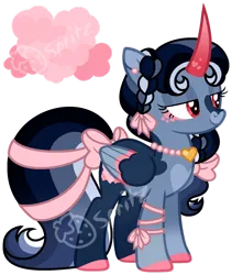 Size: 1024x1213 | Tagged: safe, artist:strawberry-spritz, derpibooru import, oc, alicorn, pony, bow, female, hair bow, image, mare, offspring, parent:king sombra, parent:rainbow dash, parents:sombradash, png, simple background, solo, tail, tail bow, transparent background