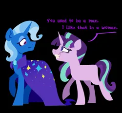 Size: 1595x1479 | Tagged: safe, artist:partyponypower, derpibooru import, starlight glimmer, trixie, pony, unicorn, alternate universe, black background, duo, evil starlight, female, g4, horn, image, implied lesbian, implied shipping, implied startrix, jpeg, simple background, trans female, trans trixie, transgender