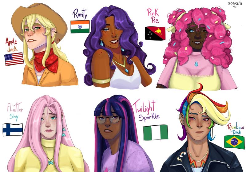Size: 2286x1600 | Tagged: safe, artist:caosolita, derpibooru import, applejack, fluttershy, pinkie pie, rainbow dash, rarity, twilight sparkle, human, alternate hairstyle, applejack's hat, apron, bandana, brazil, clothes, cowboy hat, dark skin, dress, ear piercing, earring, eyebrow piercing, eyeshadow, face tattoo, female, finland, flag, freckles, glasses, grin, hat, humanized, image, india, indian, jacket, jewelry, leather, leather jacket, lip bite, lip piercing, lipstick, makeup, mane six, necklace, nose piercing, one eye closed, open mouth, piercing, png, shirt, simple background, smiling, snake bites, sweater, sweatershy, t-shirt, tattoo, wall of tags, white background, wink