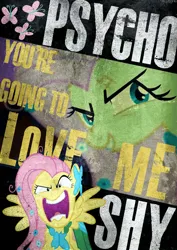 Size: 900x1273 | Tagged: safe, artist:skeptic-mousey, derpibooru import, fluttershy, flutterrage, g4, image, insanity, png, poster, psycho, typography, you're going to love me