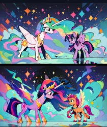 Size: 1344x1600 | Tagged: safe, ai content, derpibooru import, machine learning assisted, machine learning generated, prompter:kopaleo, stable diffusion, princess celestia, sunny starscout, twilight sparkle, twilight sparkle (alicorn), alicorn, g5, my little pony: a new generation, alicornified, generator:pony diffusion v6 xl, image, png, princess celestia's special princess making dimension, prompt in description, race swap, sunnycorn