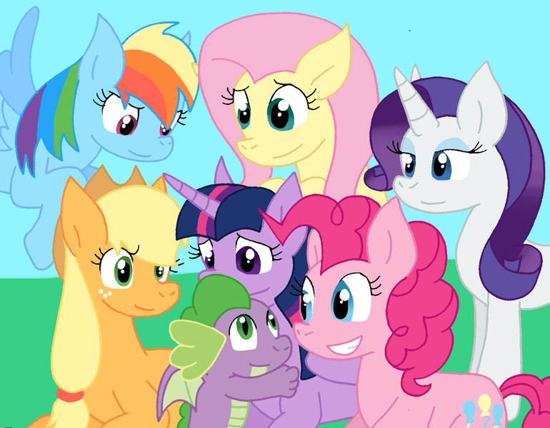 Size: 1378x1074 | Tagged: safe, artist:cmara, derpibooru import, applejack, fluttershy, pinkie pie, rainbow dash, rarity, spike, twilight sparkle, dragon, earth pony, pegasus, pony, unicorn, female, g4, horn, image, male, png