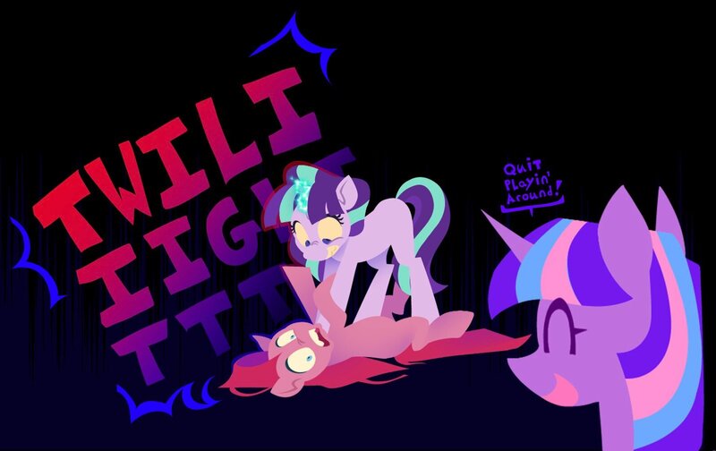 Size: 1595x1005 | Tagged: safe, artist:partyponypower, derpibooru import, pinkie pie, starlight glimmer, twilight sparkle, earth pony, pony, unicorn, alternate universe, attempted murder, g4, horn, image, jpeg, pinkamena diane pie, screaming, unicorn twilight