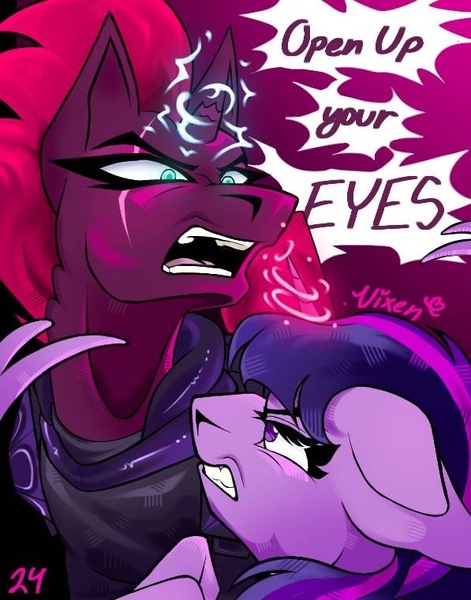 Size: 597x760 | Tagged: safe, artist:feathermaine, derpibooru import, tempest shadow, twilight sparkle, alicorn, pony, unicorn, my little pony: the movie, broken horn, dialogue, horn, image, jpeg, looking at each other, looking at someone, magic