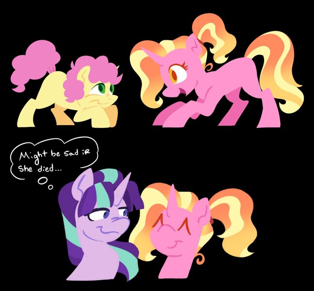 Size: 1595x1479 | Tagged: safe, artist:partyponypower, derpibooru import, li'l cheese, luster dawn, starlight glimmer, earth pony, pony, unicorn, the last problem, alternate universe, black background, evil starlight, g4, horn, image, jpeg, simple background