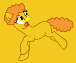 Size: 442x369 | Tagged: safe, artist:firepony-bases, artist:spitfirethepegasusfan39, artist:ukulelemoon, ponified, earth pony, pony, adult blank flank, base used, blank flank, female, freckles, frown, gold background, image, late, little miss, little miss late, mare, mr. men, mr. men little miss, open mouth, png, running, simple background, solo