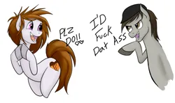 Size: 1343x797 | Tagged: artist needed, suggestive, oc, oc:kumikoshy, unnamed oc, unofficial characters only, earth pony, semi-anthro, beanie, earth pony oc, female, frown, hat, image, looking at each other, male, open smile, please, png, simple background, tail, unshorn fetlocks, vulgar, white background