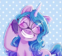 Size: 1218x1094 | Tagged: safe, artist:soniana252, derpibooru import, izzy moonbow, pony, unicorn, g5, my little pony: a new generation, cute, eyes closed, female, glasses, grin, horn, image, izzybetes, mare, png, polka dot background, smiling, solo