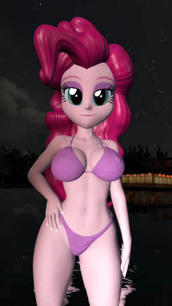 Size: 1080x1920 | Tagged: suggestive, artist:oatmeal!, derpibooru import, pinkie pie, human, equestria girls, 3d, belly button, big breasts, bikini, breasts, cleavage, clothes, front view, g4, gmod, hand on hip, image, lake, looking at you, night, png, sexy, solo, spread legs, spreading, standing, swimsuit, water, wide hips