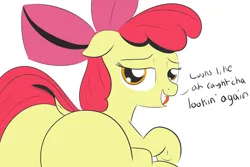 Size: 2400x1600 | Tagged: suggestive, artist:cosmonaut, edit, editor:strifesnout, ponerpics import, apple bloom, earth pony, pony, bedroom eyes, bloom butt, butt, colored, dialogue, female, filly, foalcon, image, looking at you, looking back, looking back at you, offscreen character, open mouth, open smile, plot, png, smiling, the ass was fat, underage