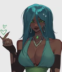 Size: 1880x2200 | Tagged: safe, artist:emily-826, derpibooru import, queen chrysalis, human, breasts, busty queen chrysalis, choker, cleavage, clothes, dark skin, dress, ear piercing, earring, eyeshadow, female, gloves, heart, humanized, image, jewelry, lipstick, long gloves, makeup, nail polish, necklace, piercing, png, sideboob, simple background, solo, torn clothes, white background