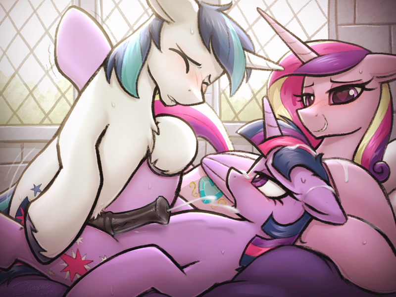 Size: 4000x3000 | Tagged: explicit, alternate version, artist:selenophile, derpibooru import, princess cadance, shining armor, twilight sparkle, alicorn, pony, unicorn, bedroom eyes, blushing, brother and sister, cum, cum version, dark genitals, eyes closed, facial, female, group sex, horn, image, incest, infidelity, male, nudity, open mouth, orgasm, penis, png, sex, shiningsparkle, shipping, siblings, straight, threesome, twicest, vulva