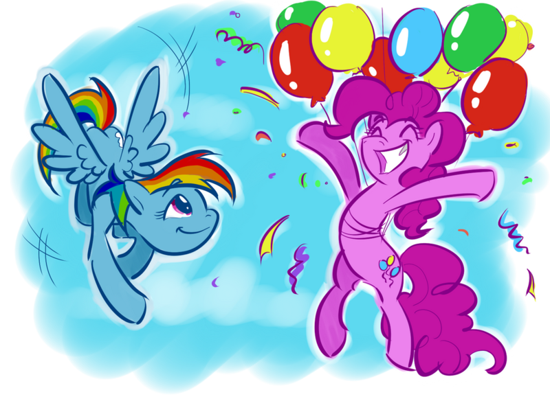 Size: 1024x768 | Tagged: safe, artist:otkurzacz, derpibooru import, pinkie pie, rainbow dash, earth pony, pegasus, pony, 2013, balloon, female, image, mare, png, simple background, transparent background