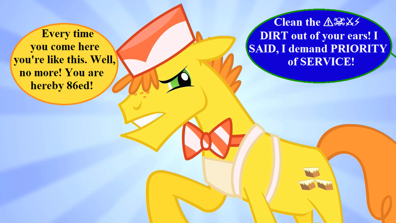 Size: 1280x720 | Tagged: safe, derpibooru import, edit, edited screencap, editor:korora, screencap, carrot cake, a bird in the hoof, bowtie, carrot cake is not amused, censored vulgarity, dialogue, flipped image, g4, grawlixes, hat, image, implied oc, offscreen character, png, speech bubble, unamused