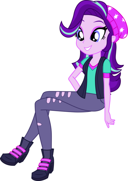 Size: 2874x4065 | Tagged: safe, artist:dustinwatsongkx, derpibooru import, starlight glimmer, human, equestria girls, beanie, clothes, cute, female, g4, glimmerbetes, hat, image, pants, png, ripped pants, simple background, sitting, solo, torn clothes, transparent background, vest