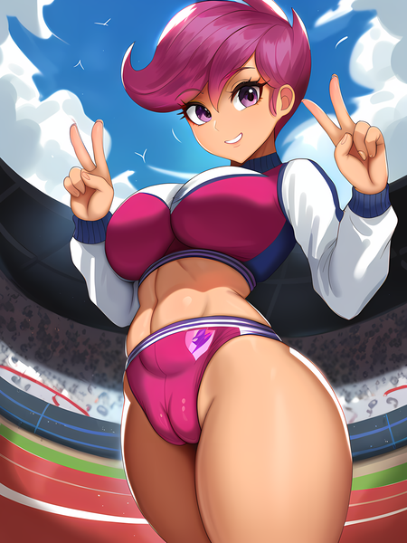 Size: 3072x4096 | Tagged: questionable, ai content, derpibooru import, machine learning generated, stable diffusion, scootaloo, human, equestria girls, belly button, breasts, busty scootaloo, cameltoe, female, g4, generator:pony diffusion v6 xl, generator:purplesmart.ai, image, legs, looking at you, midriff, older, older scootaloo, peace sign, png, prompter:lerkyboy, solo, sports outfit, sports panties, sporty style, thighs, thunder thighs, tomboy, track