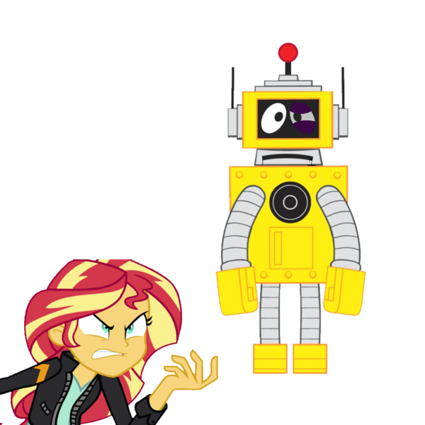 Size: 3072x3072 | Tagged: semi-grimdark, derpibooru import, edit, vector edit, sunset shimmer, robot, equestria girls, abuse, abuse edit, black eye, duo, female, g4, image, male, oil, op is a duck, op is trying to start shit, plex, png, simple background, transparent background, vector, yellow body, yo gabba gabba!