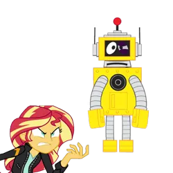 Size: 3072x3072 | Tagged: semi-grimdark, derpibooru import, edit, vector edit, sunset shimmer, robot, equestria girls, abuse, abuse edit, black eye, duo, female, g4, image, male, oil, op is a duck, op is trying to start shit, plex, png, simple background, transparent background, vector, yellow body, yo gabba gabba!