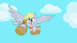 Size: 1920x1080 | Tagged: safe, artist:rivershine, derpibooru import, derpy hooves, pegasus, pony, cloud, delivery, delivery pony, derp, female, flying, food, g4, image, mare, muffin, package, png, sky