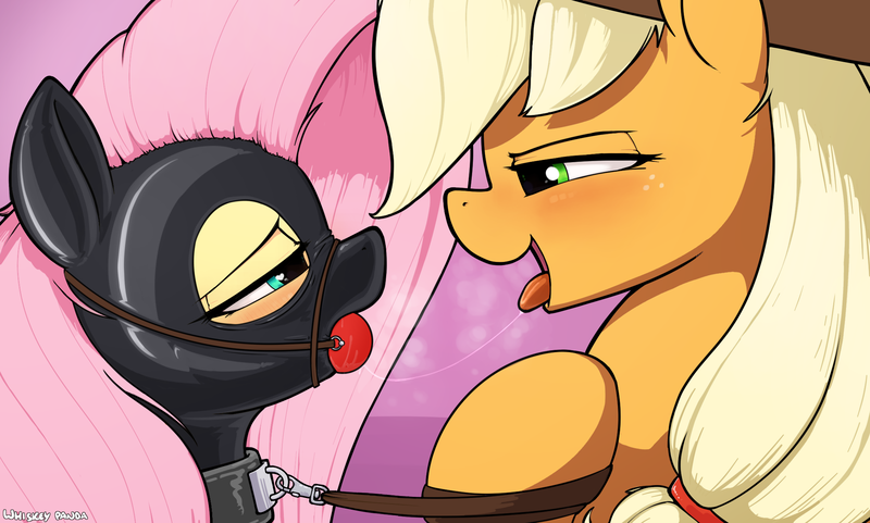 Size: 2156x1296 | Tagged: questionable, artist:whiskeypanda, edit, editor:anonymous, applejack, fluttershy, pony, /mlp/ latex requests, appledom, ballgag, bdsm, bedroom eyes, blushing, collar, drool, drool string, duo, female, femsub, fluttersub, gag, harness balgag, heart eyes, image, latex, latex mask, leash, looking at each other, mare, open mouth, png, signature, submissive, tongue out, wingding eyes