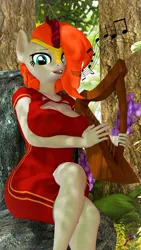 Size: 2160x3840 | Tagged: safe, artist:korizen, derpibooru import, oc, oc:maple melody, anthro, kirin, 3d, clothes, crossed legs, dress, forest, harp, image, kirin oc, looking at you, music notes, musical instrument, nature, png, rock, singing, source filmmaker, tree