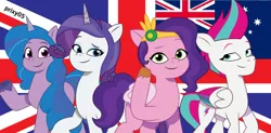 Size: 1094x540 | Tagged: safe, artist:edy_january, artist:prixy05, derpibooru import, edit, vector edit, izzy moonbow, pipp petals, rarity, zipp storm, pegasus, pony, unicorn, g5, my little pony: tell your tale, australia, britain, england, flag, g4, horn, image, pipp and her heroine, png, united kingdom, vector