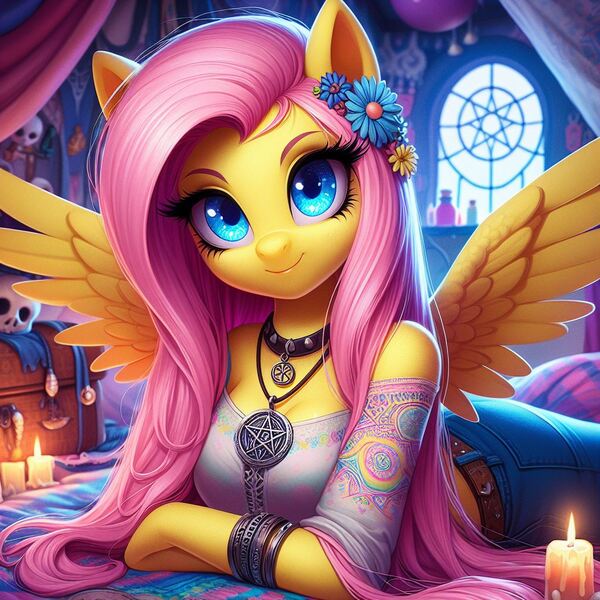 Size: 1024x1024 | Tagged: safe, ai content, machine learning generated, ponerpics import, ponybooru import, fluttershy, anthro, candle, dark room, flower, flower in hair, generator:craiyon, hippie, image, jpeg, pentagram, solo