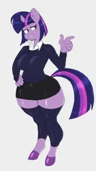 Size: 1459x2590 | Tagged: safe, artist:g-art, derpibooru import, twilight sparkle, anthro, bipedal, clothes, finger gun, g4, image, jpeg, looking offscreen, miniskirt, one eye closed, short hair, skirt, smiling, solo, standing on two hooves, sweater, wide hips, wink
