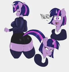 Size: 2566x2708 | Tagged: suggestive, artist:g-art, derpibooru import, twilight sparkle, anthro, butt, clothes, dialogue, g4, image, jpeg, looking back, looking offscreen, miniskirt, one eye closed, short hair, skirt, smiling, solo, sweater, tongue out, twibutt, wide hips, wink