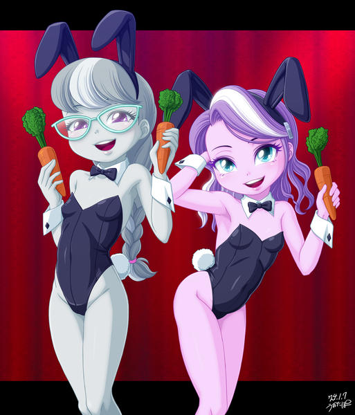 Size: 3000x3511 | Tagged: suggestive, artist:uotapo, banned from derpibooru, paywalled source, diamond tiara, silver spoon, equestria girls, bunny ears, bunny suit, bunny tail, carrot, child, clothes, female, food, image, lolicon, playboy bunny, playboy bunny diamond tiara, playboy bunny silver spoon, png, underage, unitard
