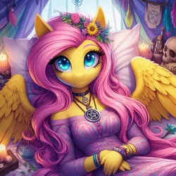 Size: 1024x1024 | Tagged: safe, ai content, machine learning generated, ponerpics import, ponybooru import, fluttershy, anthro, bed, candle, dark room, hippieshy, image, jpeg, laying on bed, lying down, on bed, pentagram, solo