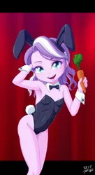 Size: 1912x3511 | Tagged: suggestive, artist:uotapo, banned from derpibooru, paywalled source, diamond tiara, equestria girls, bunny ears, bunny suit, bunny tail, carrot, child, clothes, female, food, image, lolicon, playboy bunny, playboy bunny diamond tiara, png, solo, underage, unitard