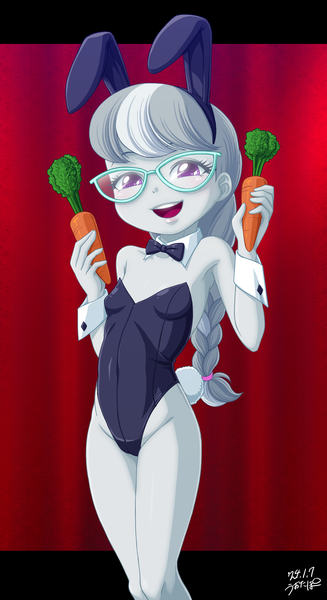 Size: 1912x3511 | Tagged: suggestive, artist:uotapo, banned from derpibooru, paywalled source, silver spoon, equestria girls, bunny ears, bunny suit, bunny tail, carrot, child, clothes, female, food, image, lolicon, playboy bunny, playboy bunny silver spoon, png, solo, underage, unitard